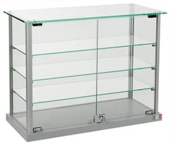 Countertop Display Case W/ Clear Glass Top & (3) Shelves, (2) Locking Door - Silver