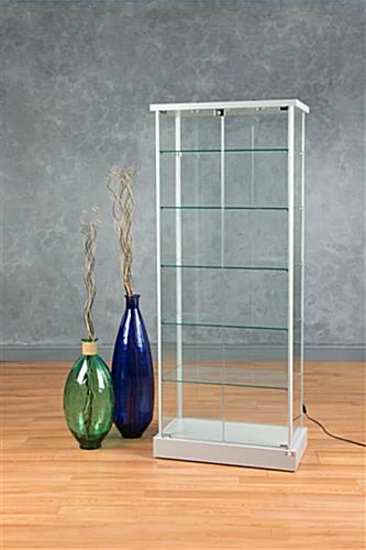 29" Glass Display Case W/ 5 Shelves, Top Lights, Wheels, Hinged Door - Silver - Image 7