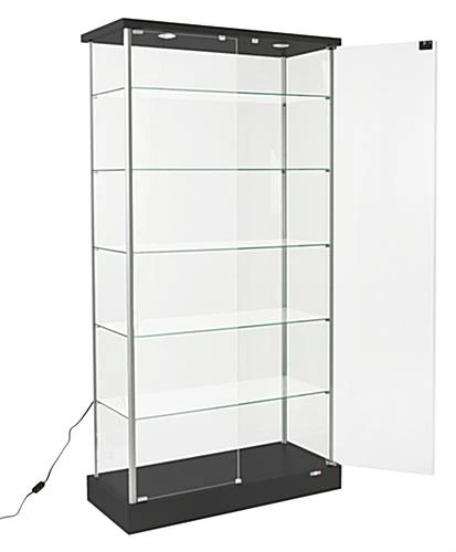 37" Glass Display Case W/5 Shelves, 2 Top Lights, Hidden Wheels & Hinged Door - Black - Image 2