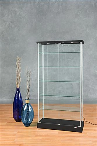 37" Glass Display Case W/5 Shelves, 2 Top Lights, Hidden Wheels & Hinged Door - Black - Image 7