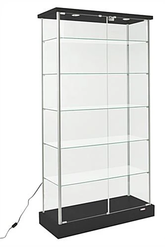 37" Glass Display Case W/5 Shelves, 2 Top Lights, Hidden Wheels & Hinged Door - Black