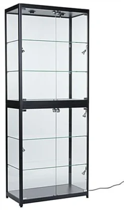 Portable Display Case W/Top & Side Lights, Locking Hinged Door, Carrying Case - Black