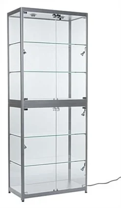 Portable Display Case W/Top & Side Lights, Locking Hinged Door, Carry Case - Silver