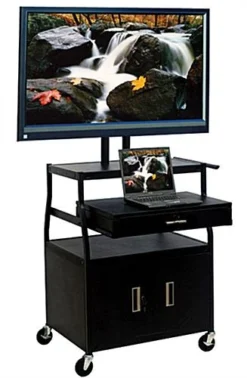 TV Cart With Storage Cabinet & Drawer, With Mount For Monitors Up To 52"- Black