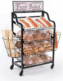 Bakery Display Rack W/ Wheels, 4 Shelves, 2 Side Baskets & Header - Black