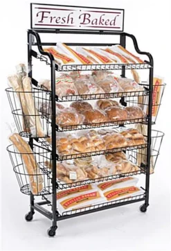 61"w Bakery Display Rack W/ Wheels, 6 Shelves, 4 Side Baskets & Header - Black