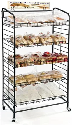 29"w Bakery Display Rack W/ Wheels, 5 Adjustable Shelves & 2 Sign Holders - Black