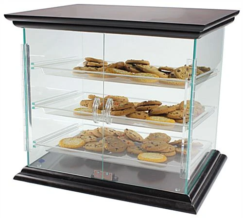 Acrylic Food Display Case With (3) Plastic Removable Trays - Mahogany Base & Top - Image 2