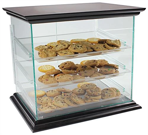 Acrylic Food Display Case With (3) Plastic Removable Trays - Mahogany Base & Top