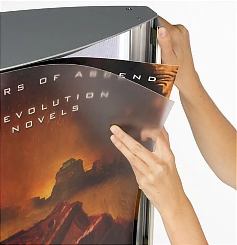 72in LED Poster Floor Stand, (2) 24 X 36, Snap Open, Curved, Silver Panel - Silver - Image 3