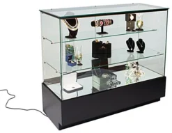 4ft. Glass Retail Counter W/ Mirror Deck, LED, Slider Doors, Ships Assembled, Black