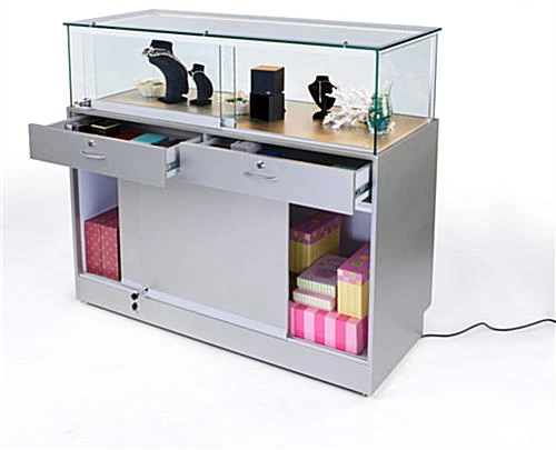 48" Quarter Vision Display Case W/Cabinets And Drawers, Ships Assembled - Silver - Image 2