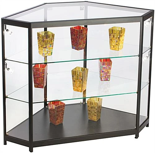 4ft. Corner Retail Display Case W/LED Side Lights, Hinged Door- Black