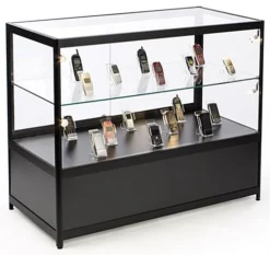 48" Retail Display Case W/Storage, LED Side Lights, Sliding Door - Black