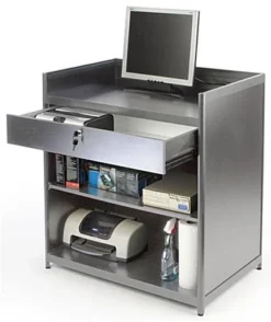 36" Cash Register Stand W/Locking Drawer, Adjustable Shelf, Ships Assembled - Silver