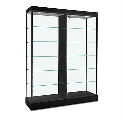 60" Glass Display Case W/ Top & Side Lights, Wheels, Locking Sliding Door - Black
