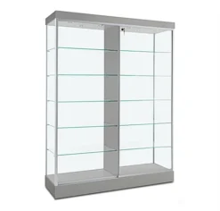 60" Glass Display Case W/ Top & Side Lights, Wheels, Locking Sliding Door - Silver