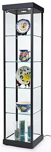 18" Glass Display Case W/4 Fixed Shelves, Locking Hinged Door, LED Top Lights - Black