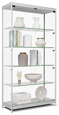 40" Display Case W/ LED Top & Side Lights, 4 Fixed Shelves, Hinged Doors - Silver