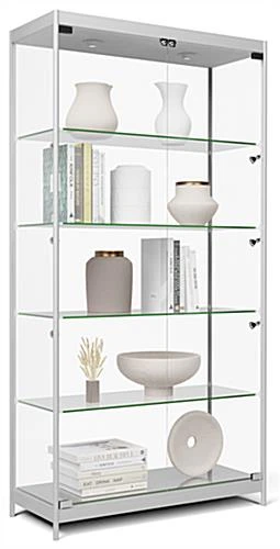 40" Display Case W/ LED Top & Side Lights, 4 Fixed Shelves, Hinged Doors - Silver