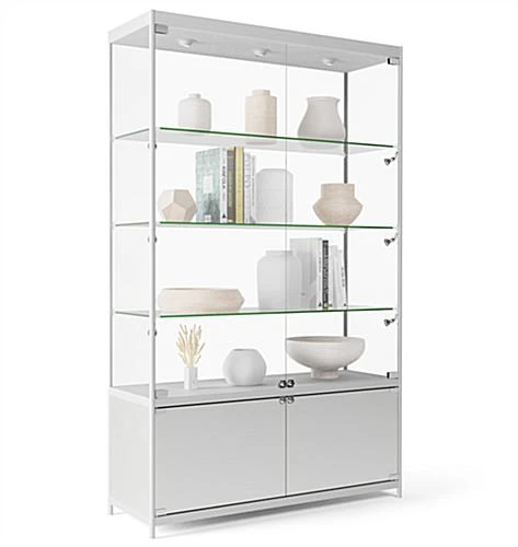 48” Display Case W/ 7 LED Top & Side Lights, 3 Fixed Shelves, Hinged Doors - Silver