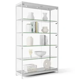 48” Display Case W/ 9 LED Top & Side Lights, 4 Fixed Shelves, Hinged Doors - Silver