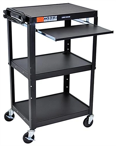 18 X 24 Media Cart With Open Shelving, Pull-Out Tray And Power Strip - Black
