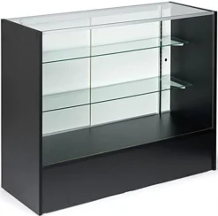 Retail Counter W/ Black Finish, Tempered Glass Adjustable Shelves & Sliding Doors