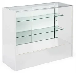 4' Retail Counter W/ White Finish, Tempered Glass Adjustable Shelves & Sliding Doors