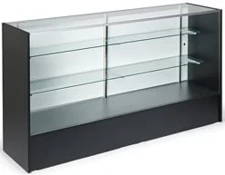 Retail Counter W/ Black Finish, Adjustable Tempered Glass Shelves & Sliding Doors