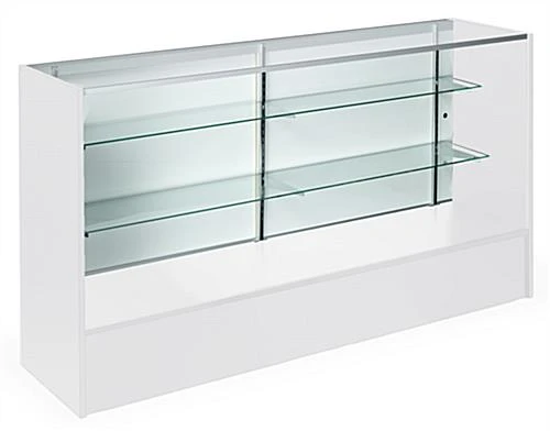 Retail Counter W/ White Finish, Adjustable Tempered Glass Shelves & Sliding Doors