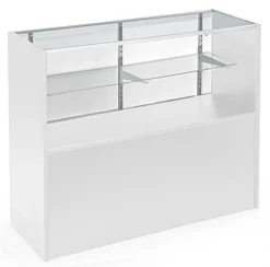 4’ Display Counter W/ White Finish, Adjustable Tempered Glass Shelf & Sliding Doors