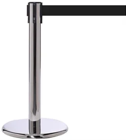 Mini Stanchion W/ 11’ Black Retractable Belt, Weighted Base - Silver