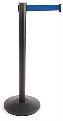 QueuePole Round 40" Stanchion Post With 9.5' Blue Retractable Belt - Black