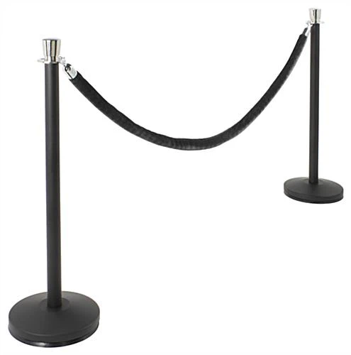 QueuePole Round (2) 39" Black Stanchion Posts W/ Chrome Tops & 6.5' Black Rope