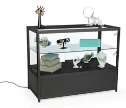 48" Retail Display Case W/Cabinet, LED Side Lights, Slide Doors, Unassembled - Black