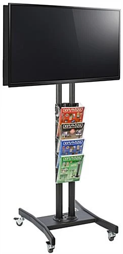 Double-Sided TV Stand W/ 4-Pocket Literature Holder, (2) 32”-65” Screens – Black