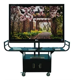 TV Cart With Mount For Monitors Up To 80", 2 Curved Handles, Locking Cabinet - Black