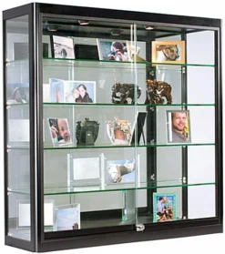3x3 Wall Mounted Display Case W/Mirror Back & 2 Top LED Lights, Locking - Black
