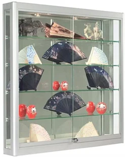 3x3 Wall Mounted Display Case W/Mirror Back & 2 Top LED Lights, Locking - Silver