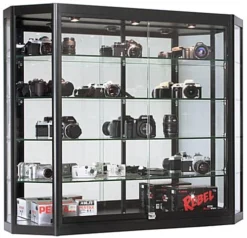 4x3 Wall Mounted Display Case W/Mirror Back & 3 Top LED Lights, Locking - Black