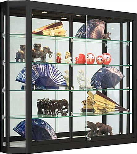 4x3 LED Wall Mounted Display Case W/Angled Front, Sliding Doors, Locking - Black