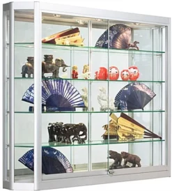 4x3 LED Wall Mounted Display Case W/Angled Front, Sliding Doors, Locking - Silver