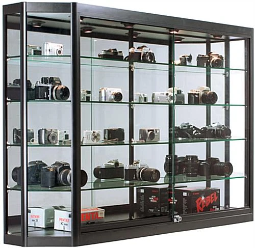 5x3 LED Wall Mounted Display Case W/Mirror Back, Sliding Doors, Locking - Black