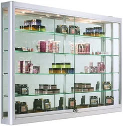 5ft. Wall Mounted Display Case W/4 Top LED Lights & Mirror Back, Locking - Silver
