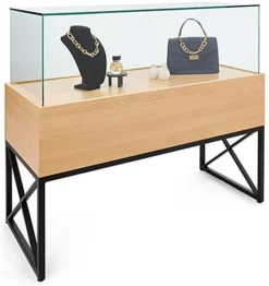 45" Glass Display Case With Locking Drawers, Frameless, Ships Assembled - Wood Grain